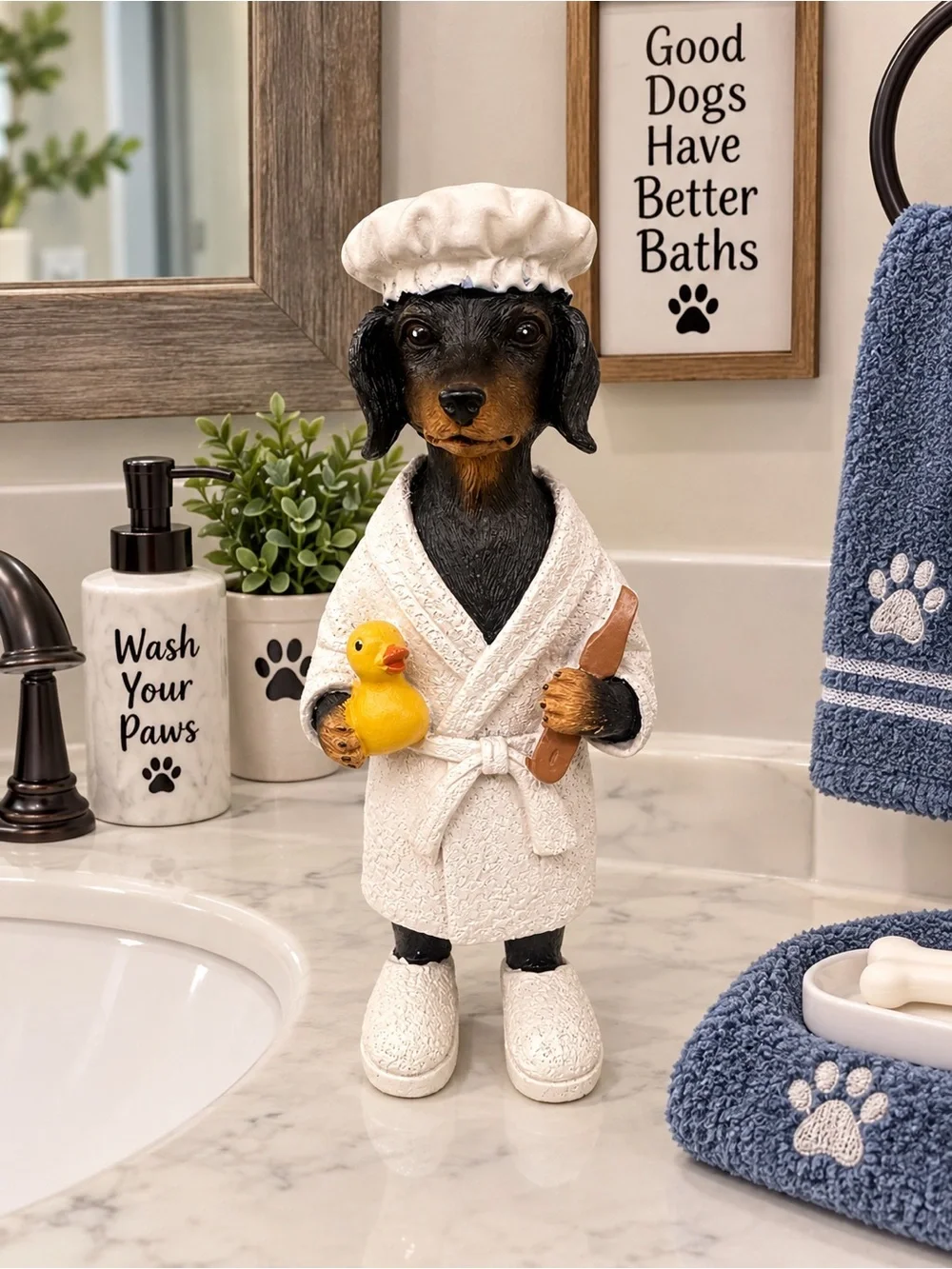 Dachshund bath decor figurine in White Robe with Yellow Duck